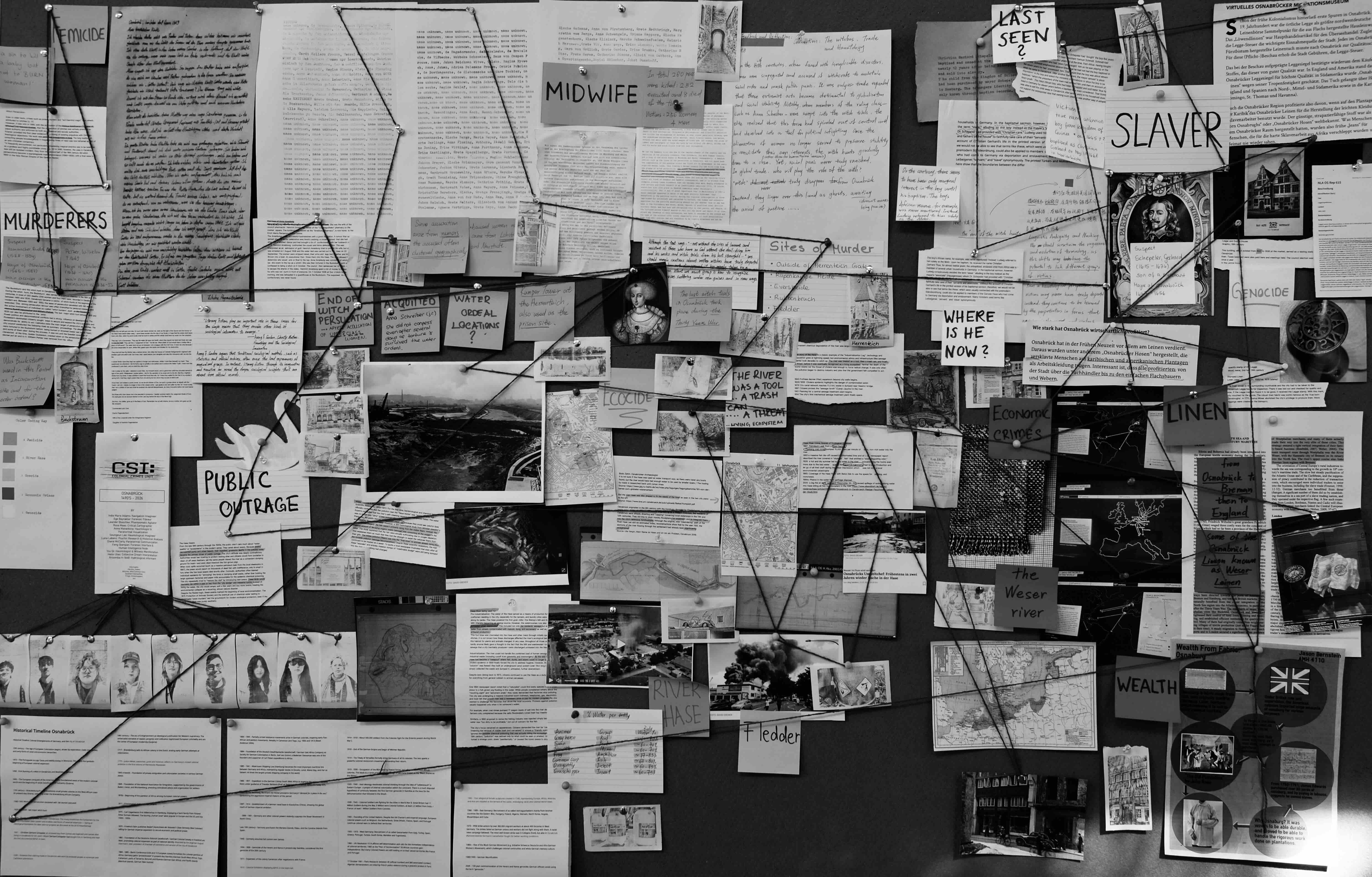 Black-and-white documentation of the CSI Colonial Crimes Unit crime board in Osnabrück